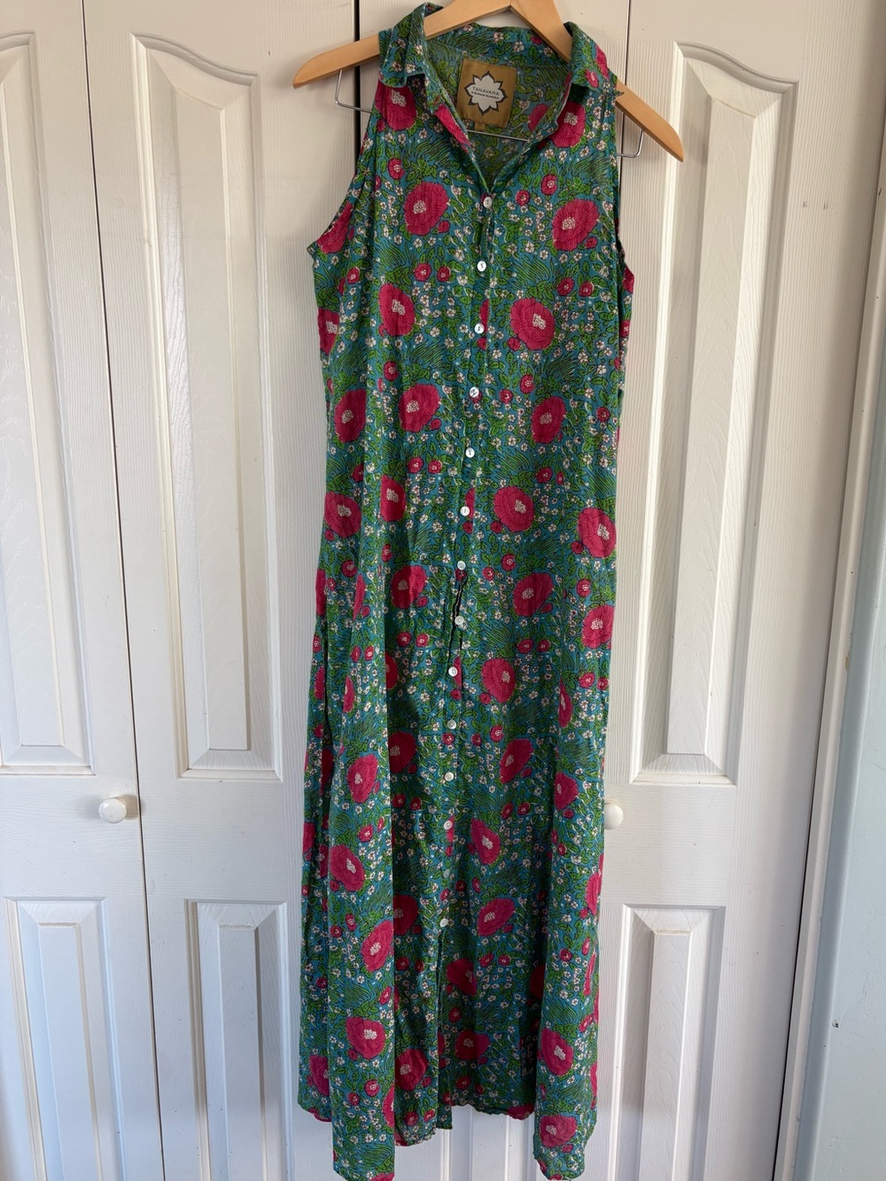Tanavana 100% Cotton Hand Crafted Floral Print Maxi Dress Turquoise Size Small